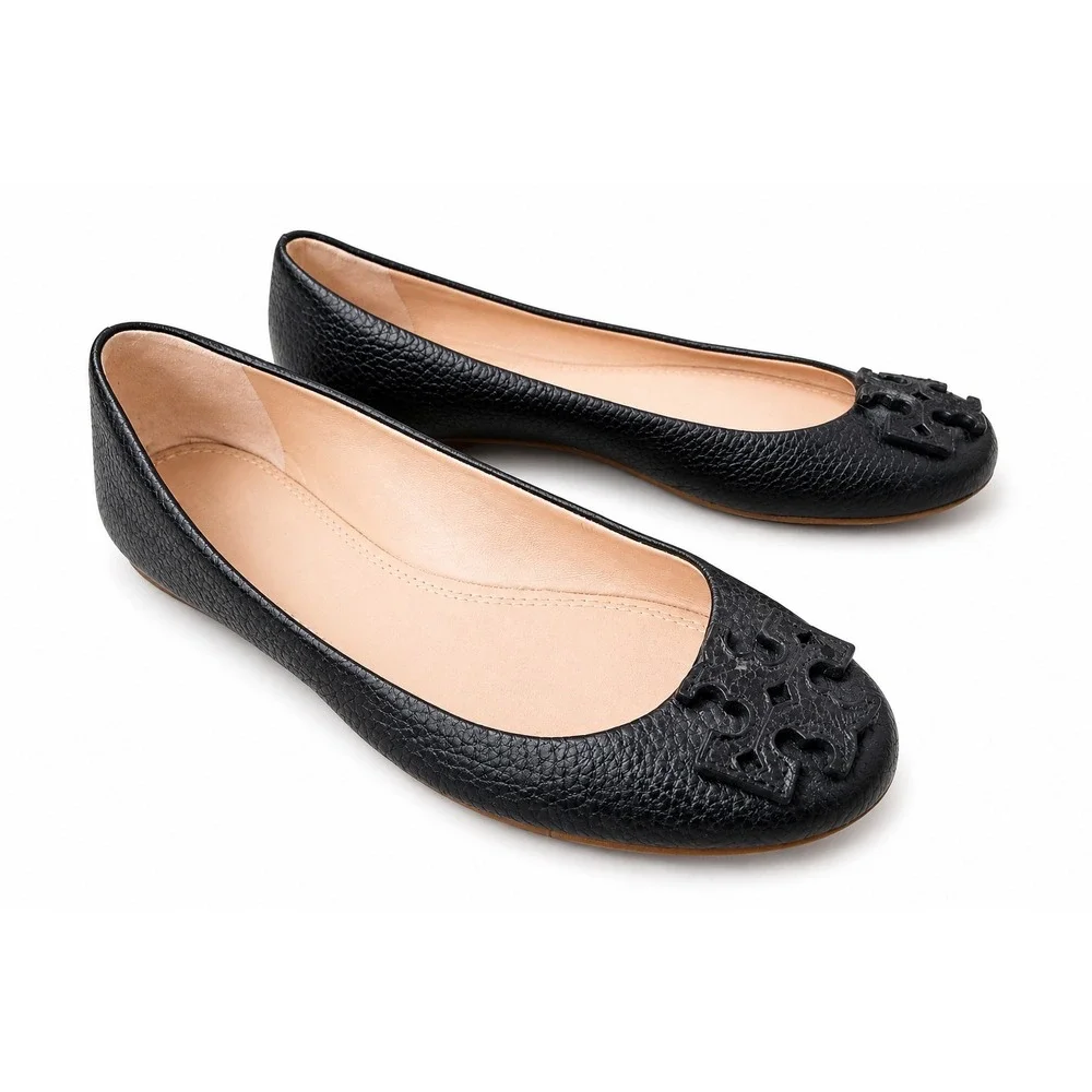 Tory Burch Minnie Ballet Flats Women 6.5 Black Excellent Pebbled Leather‎ Logo